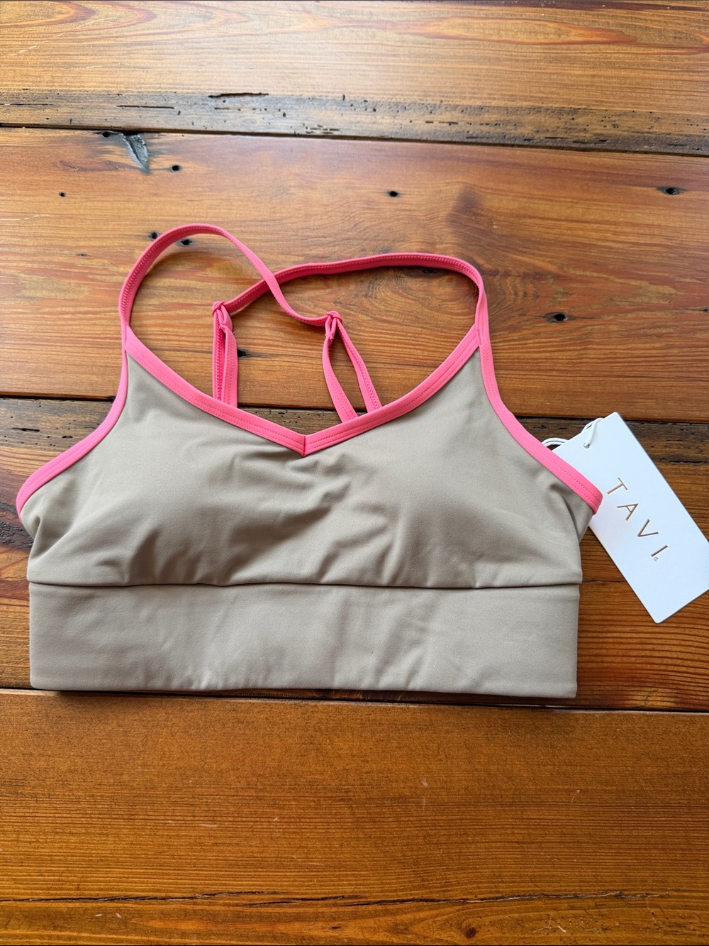 Tavi Women's Tan Sports Bralette with Pink Trim
